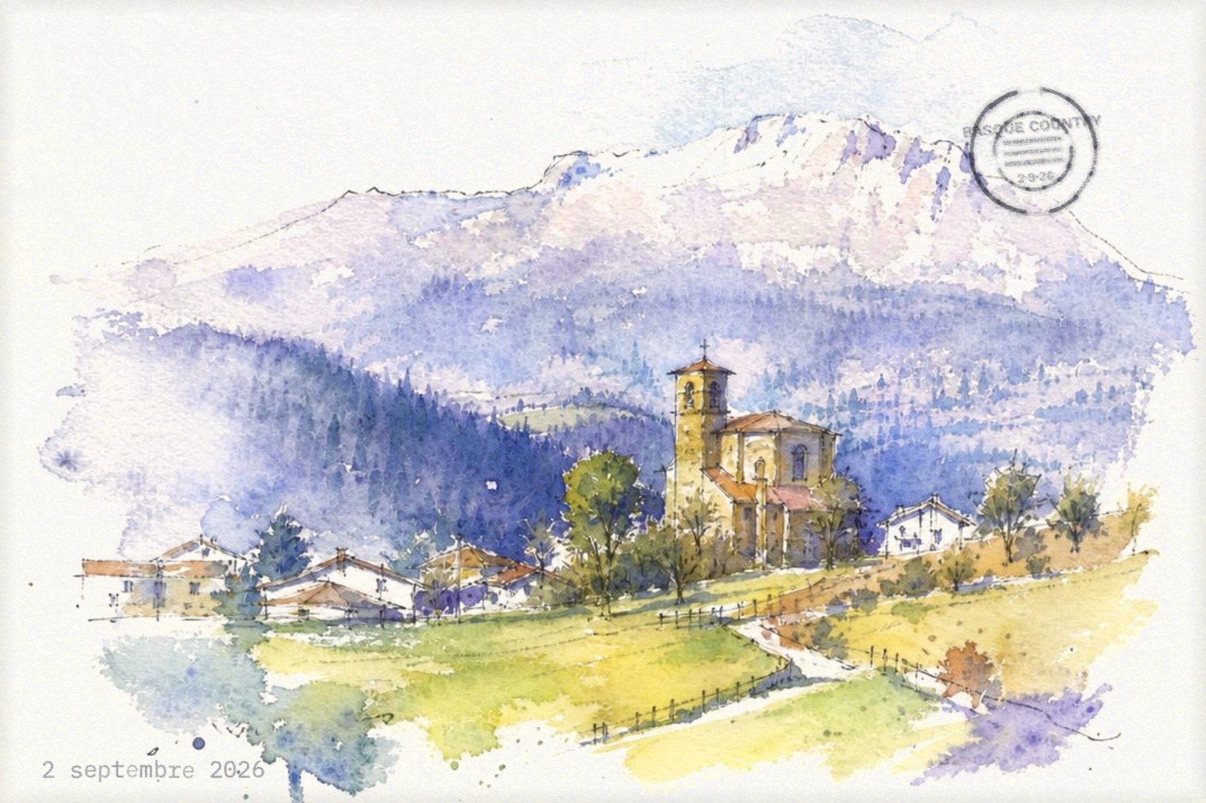 Recto d'un second exemple, un village de montagne en aquarelle