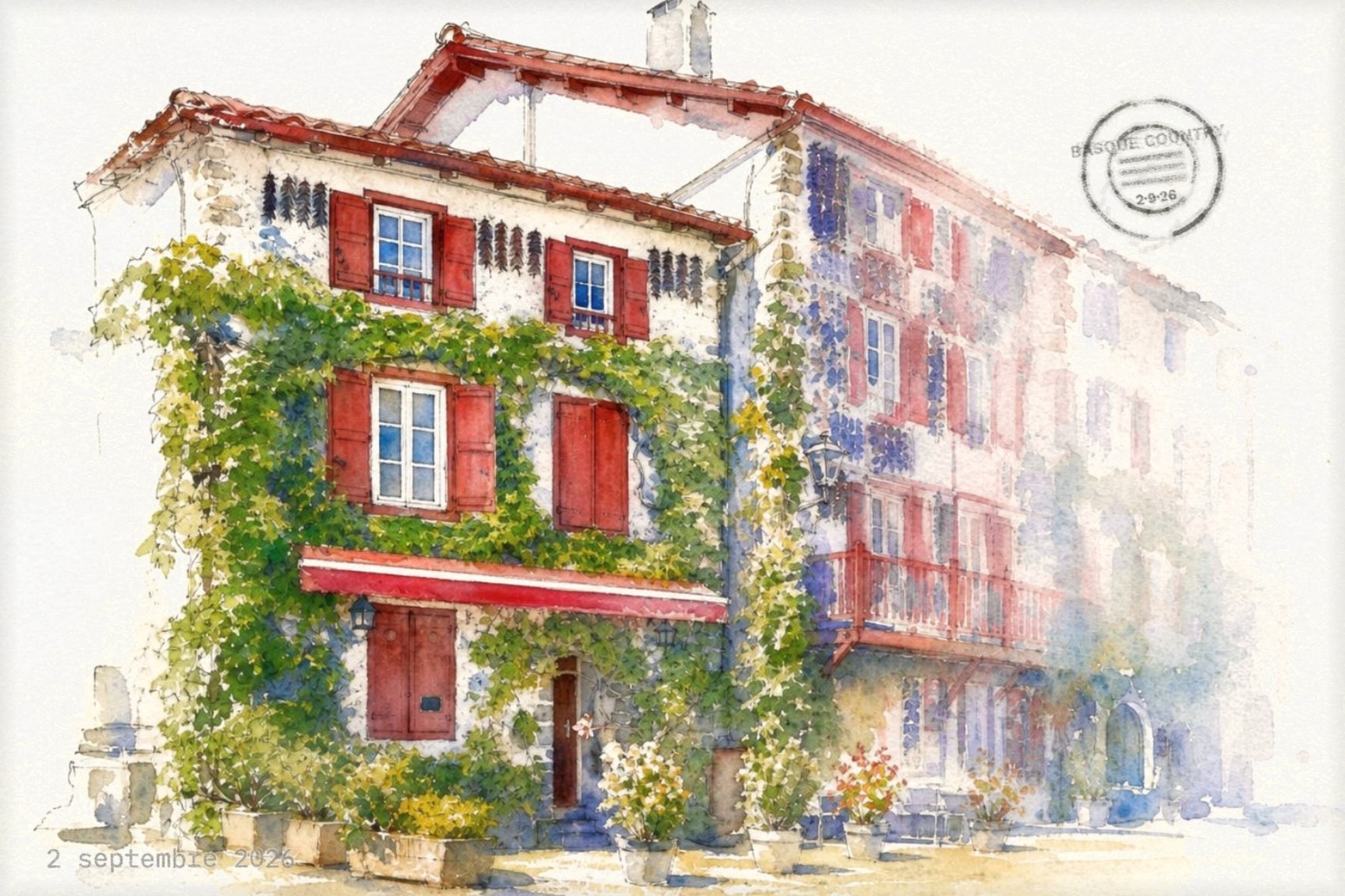 Recto d'une carte postale composée ici, une aquarelle avec son tampon