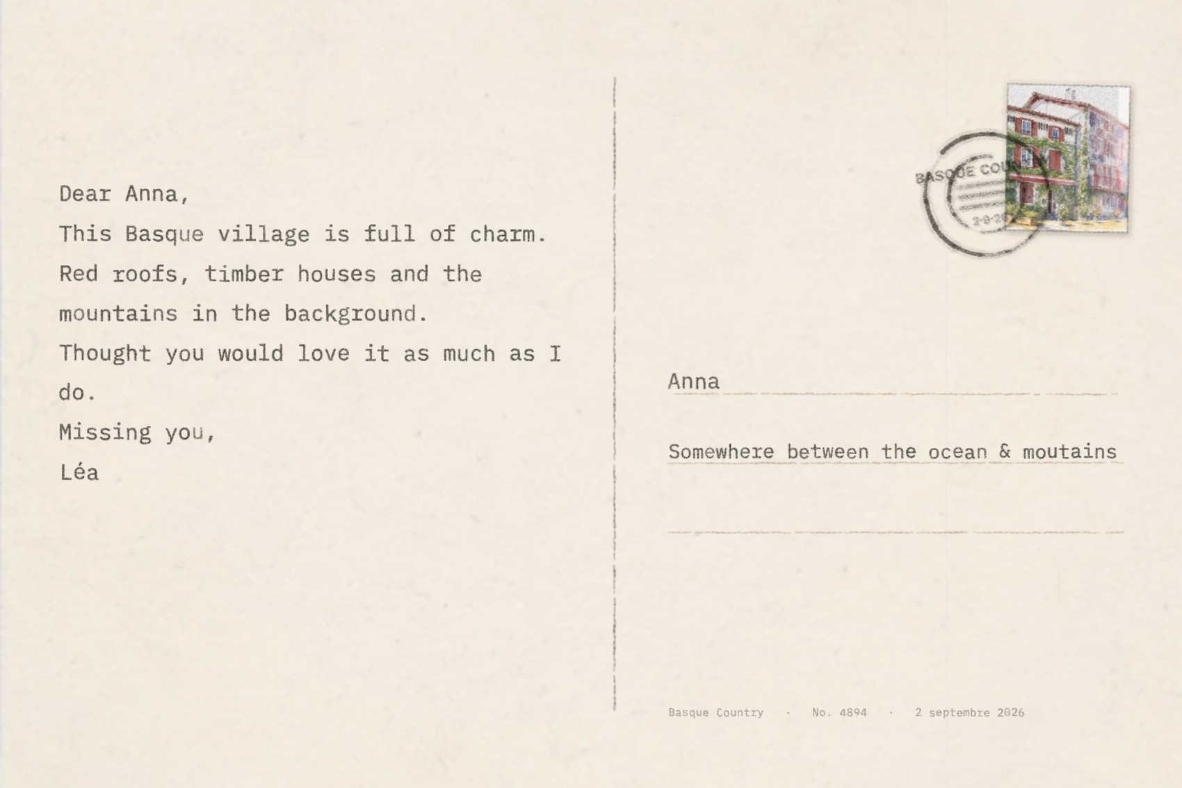 Verso d'une carte postale composée ici, avec le message et l'adresse